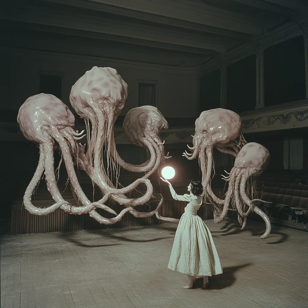 Here's a description of the image:

The photograph presents a surreal scene in a dimly lit, aged theater.  Four large, pale, fleshy, octopus-like creatures dominate the foreground, their numerous tentacles splayed across the floor. A lone woman in a flowing white dress stands before them, delicately holding a luminous orb aloft. The overall atmosphere is eerie and dreamlike, contrasting the fragility of the woman with the monstrous scale of the creatures. The setting suggests a forgotten, perhaps ominous, place, enhancing the image's mysterious and unsettling quality.