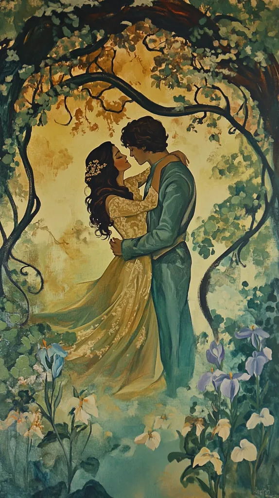 Here is a description of the image:

The painting depicts a romantic embrace between a man and a woman amidst a lush garden. The woman, in a flowing gold gown adorned with lace, is held close by the man in teal attire. Their faces are turned towards each other, suggesting intimacy and affection.  The scene is framed by an arching tree branch laden with leaves, creating a natural border.  Delicate flowers in shades of blue, white and purple bloom around the couple, adding to the idyllic setting. The overall color palette is soft and warm, with golds, greens, and muted blues predominating. The style evokes a sense of fantasy or romance.