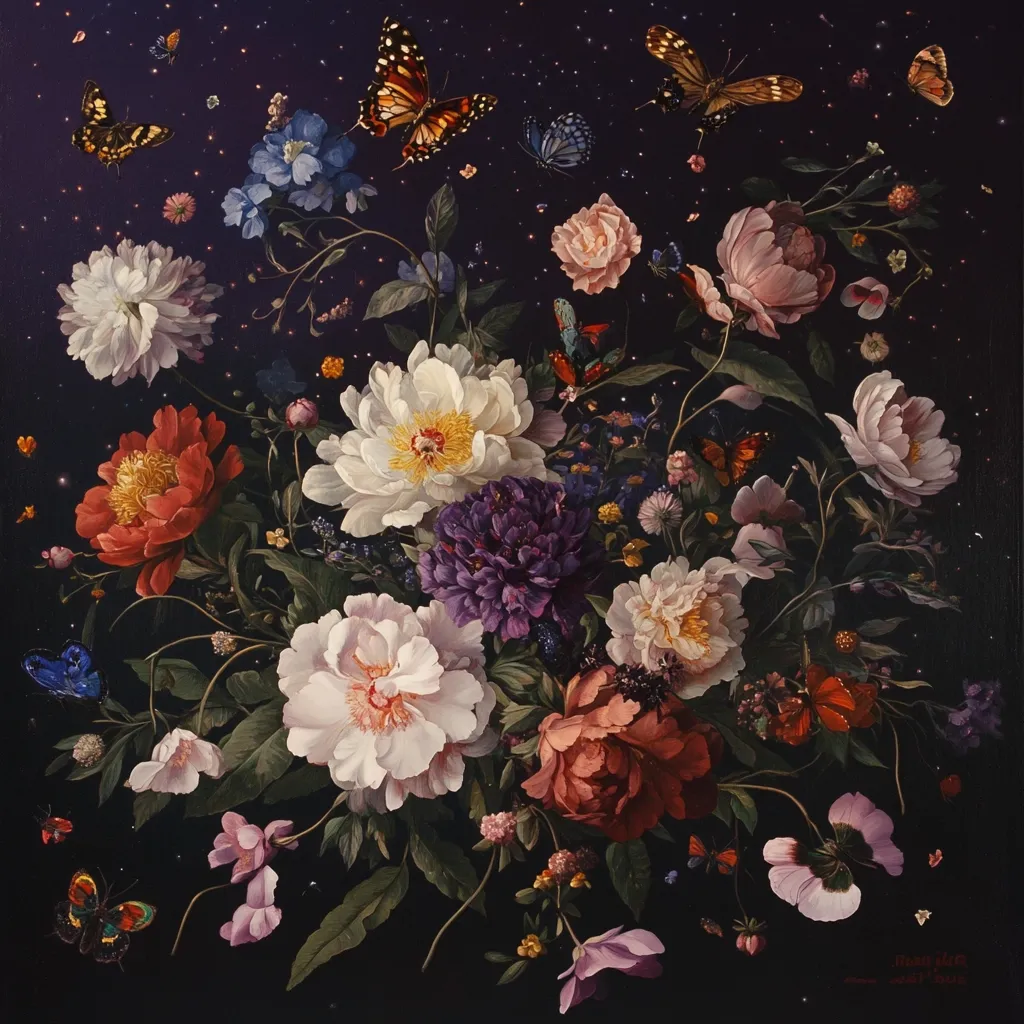 A vibrant, richly detailed painting depicts a lush bouquet of peonies in various shades of red, pink, and white, interspersed with purple flowers and smaller blooms.  Butterflies of different colors flutter amidst the flowers and against a dark, star-speckled background, creating a dreamy, almost otherworldly atmosphere. The style is reminiscent of classical still life painting, yet with a modern, fantastical twist.  The painting exudes a sense of beauty and tranquility.