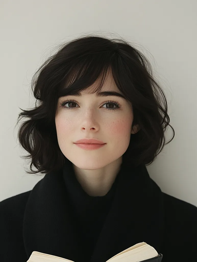 A young woman with shoulder-length, wavy dark hair and side-swept bangs gazes serenely at the camera.  Her fair skin is subtly highlighted, complementing her dark eyes and soft, natural makeup. She's dressed in a simple black turtleneck and collared coat, holding a partially open book in her lap. The background is a plain, light beige, focusing attention solely on the subject. The overall impression is one of quiet elegance and intellectual calm.