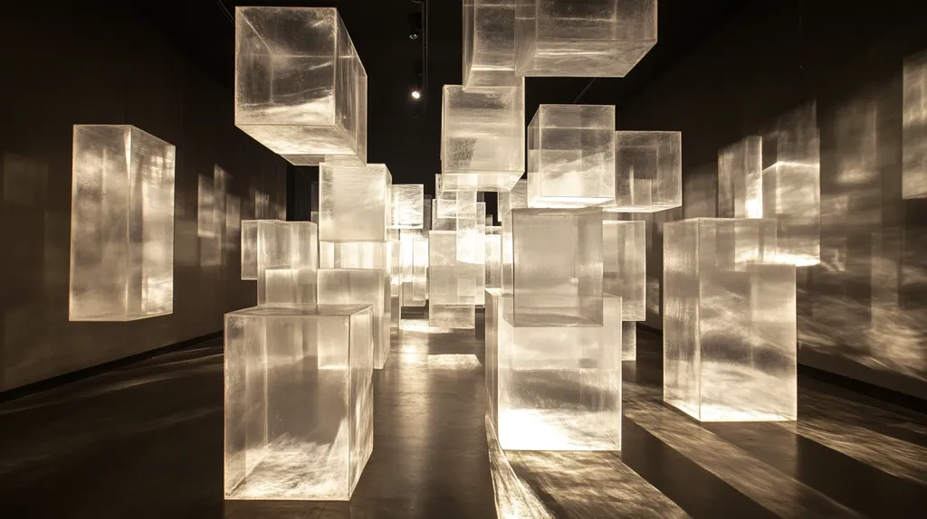 The image shows a modern art installation featuring numerous translucent, cubic structures of varying sizes.  They appear to be made of a frosted or etched glass or acrylic, softly illuminated from within. The cubes are arranged in an irregular, somewhat organic pattern, creating a three-dimensional labyrinthine effect within a dark room.  The interplay of light and shadow through the translucent blocks is a key element of the artwork's visual impact.