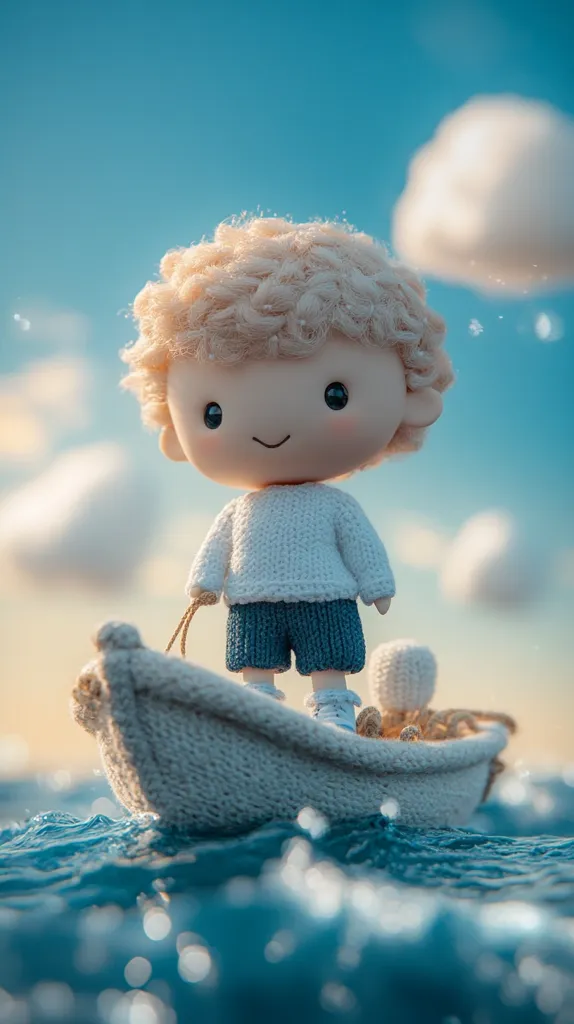 Here's a description of the image:

A charming, handcrafted doll, with blond curly hair and a knitted white sweater and blue shorts, stands on a miniature knitted boat.  The boat gently bobs on a calm, blue sea, under a sky dotted with fluffy white clouds.  The overall scene is serene and whimsical, evoking a sense of childlike wonder and adventure. The doll's features are soft and friendly, creating a cute and appealing image.  The lighting suggests a sunset or sunrise, enhancing the peaceful atmosphere.