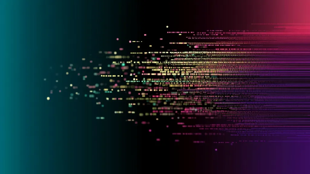 The image is an abstract representation of data streams or digital information.  A multitude of small, colorful particles, seemingly code or binary data, flow from left to right across a dark background. The colors shift from teal and yellow-green on the left to magenta and purple on the right, creating a dynamic, energetic visual. The particles vary in intensity and density, giving the impression of data flowing at different speeds and volumes. The overall effect is one of movement, complexity, and the vastness of digital information.