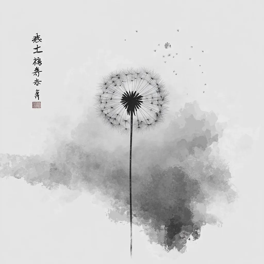 The image is a grayscale artwork featuring a dandelion in a minimalist style. The dandelion head is detailed, with its seeds visibly about to disperse.  Small seeds float away, creating a sense of movement and lightness against a softly textured, watercolor-like background of varying shades of gray. Vertical Chinese calligraphy is present on the left, adding an air of serenity and traditional Asian aesthetics.  The overall effect is peaceful and evocative of nature's ephemeral beauty.