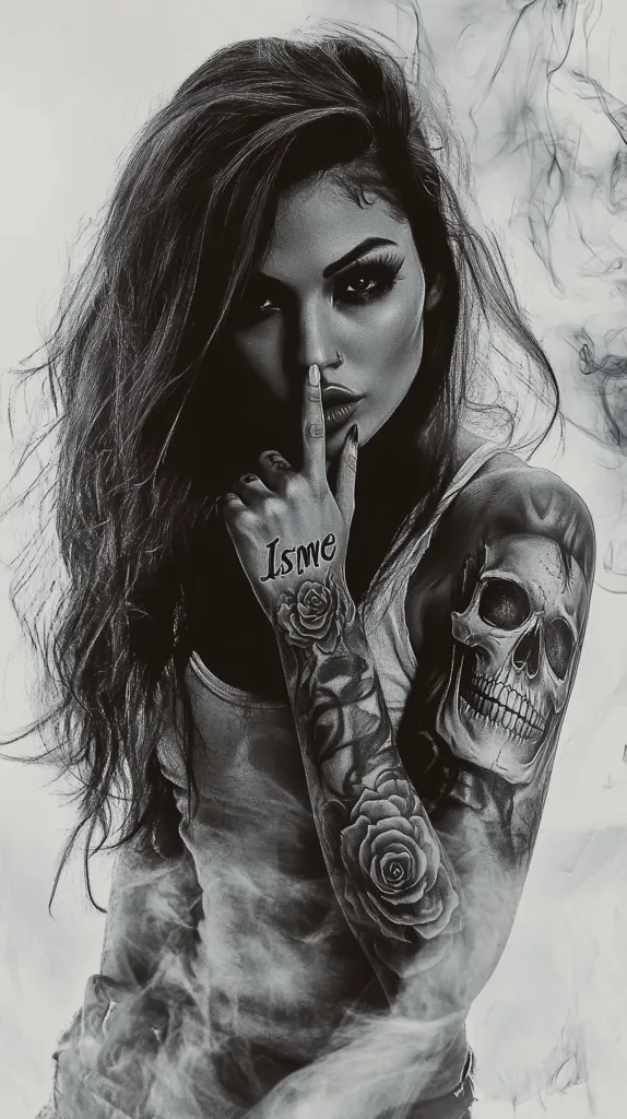 Here's a description of the image:

The monochromatic image showcases a young woman with long, dark hair cascading around her shoulders. She's striking a pose with her finger to her lips, suggesting silence or secrecy. Her arms are adorned with extensive tattoos; one features a skull and the other, the word "Isme" and roses. The overall aesthetic is edgy and mysterious, enhanced by a smoky, ethereal background that adds to the dramatic effect. The tattoos and the woman's expression create a compelling blend of beauty and darkness.
