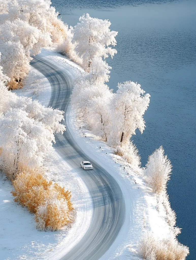 A winding snow-covered road hugs a frosty riverbank.  Trees are heavily laden with glistening white frost, creating a picturesque winter scene. A lone white car travels along the road, adding a sense of scale to the pristine landscape. The contrast between the white snow, the icy blue water, and the pale yellow of some frost-covered bushes creates a visually stunning image.  The overall feeling is one of serene, cold beauty.
