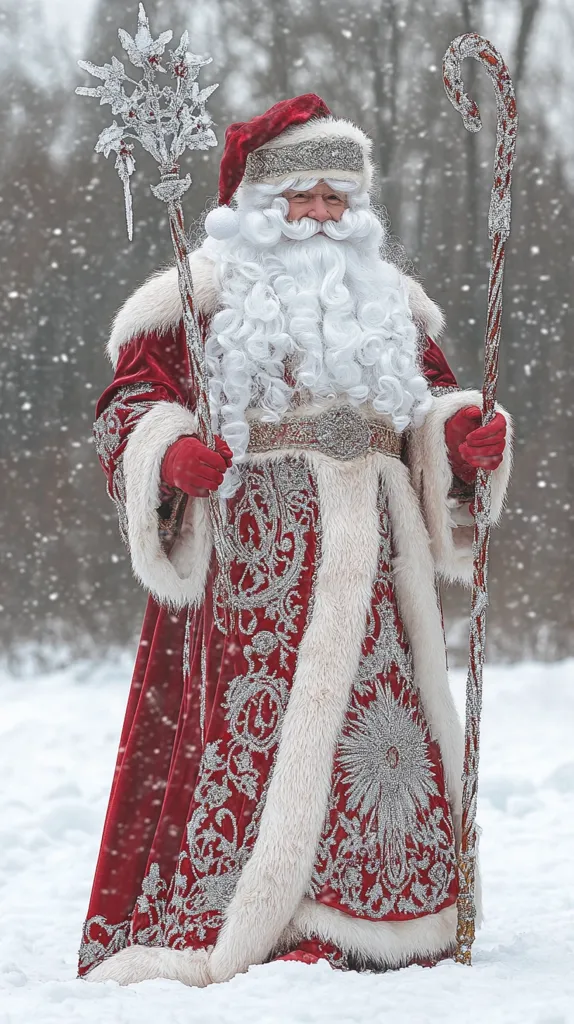 A majestic Father Frost stands in a snowy winter scene.  He's adorned in a richly embroidered, long red robe with white fur trim, a magnificent white beard, and a red hat. He holds two staffs, one ornate and icy, the other a simple shepherd's crook.  Snow gently falls around him, creating a magical, festive atmosphere. The image evokes a traditional, perhaps Russian, interpretation of a winter holiday figure.