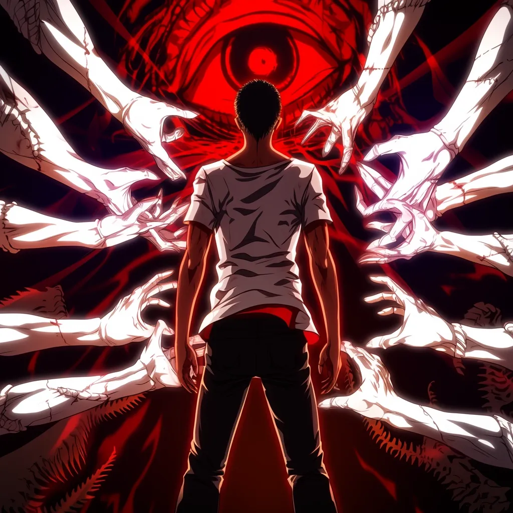 A man with short dark hair stands with his back to the viewer, facing a large, ominous eye surrounded by numerous pale, reaching hands. The hands appear skeletal and unsettling, emanating from a dark, red background. The overall mood is suspenseful and ominous, suggesting a confrontation with a powerful, unseen force. The man's posture suggests apprehension, yet defiance as he faces the looming threat. The style is reminiscent of anime or manga artwork.
