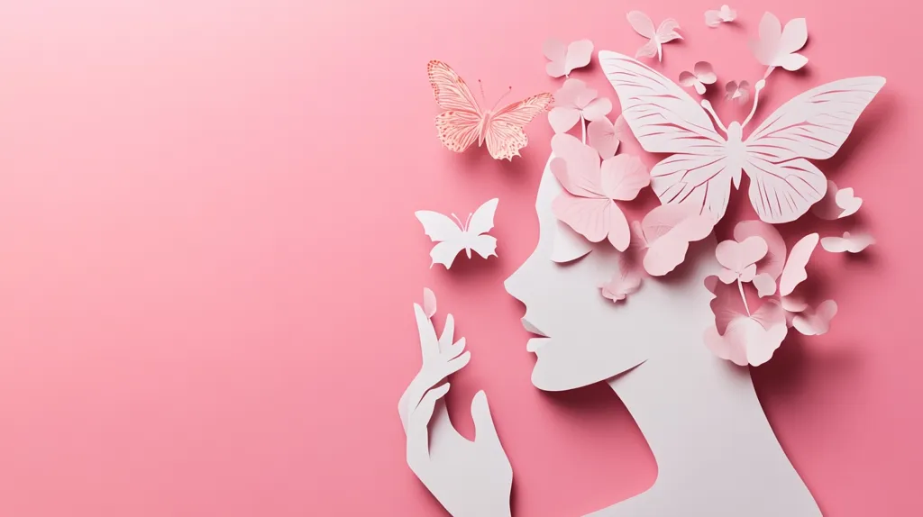 Here's a description of the image:

The image showcases a paper-cut design against a soft pink background. A woman's profile is depicted, her hair adorned with delicate pink paper butterflies and flowers.  Two additional butterflies, one pink and one white, float near her face.  The overall aesthetic is feminine, delicate, and artistic, suggesting themes of beauty, nature, and femininity. The style is reminiscent of paper art or scrapbooking. The composition is visually pleasing with a sense of calm and tranquility.