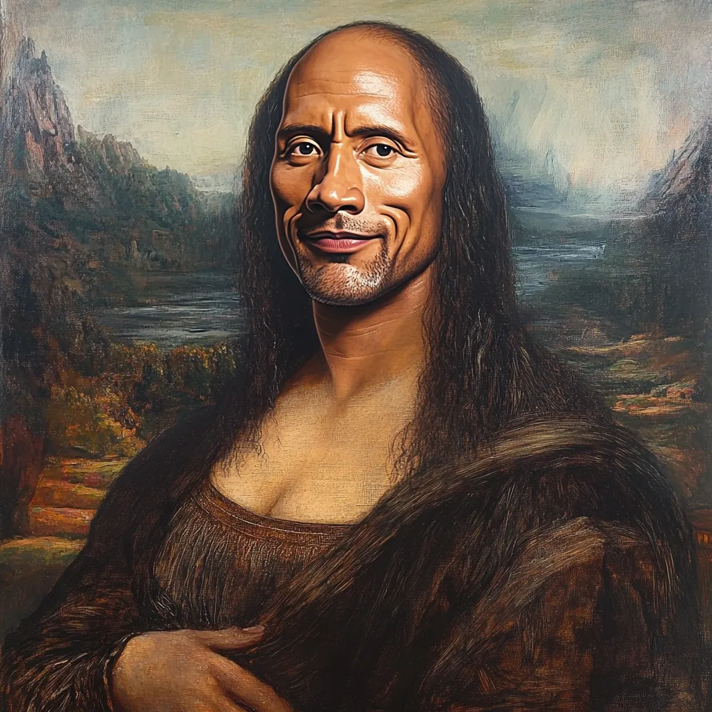 Here's a description of the image:

The image is a digital painting or a very realistic print of Dwayne "The Rock" Johnson's face superimposed onto Leonardo da Vinci's Mona Lisa.  Johnson's signature smirk is subtly visible.  He is depicted with long, dark hair, mimicking the style of the Mona Lisa, but maintaining his muscular physique visible through a low-cut garment. The background replicates the hazy, atmospheric landscape of the original Mona Lisa. The overall effect is humorous, juxtaposing a modern celebrity with a classical Renaissance masterpiece.