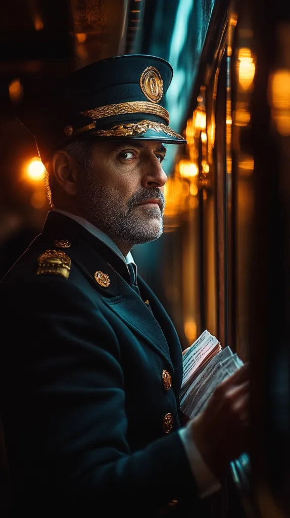 A man in a dark navy, military-style uniform with gold accents stands in a dimly lit train car.  He wears a peaked cap with a gold emblem.  His face is partially shadowed, showing a stern expression.  He holds a stack of papers, possibly tickets, in his hands. The warm glow of lights outside the train window contrasts with the darker interior.  The overall atmosphere is one of mystery and formality.