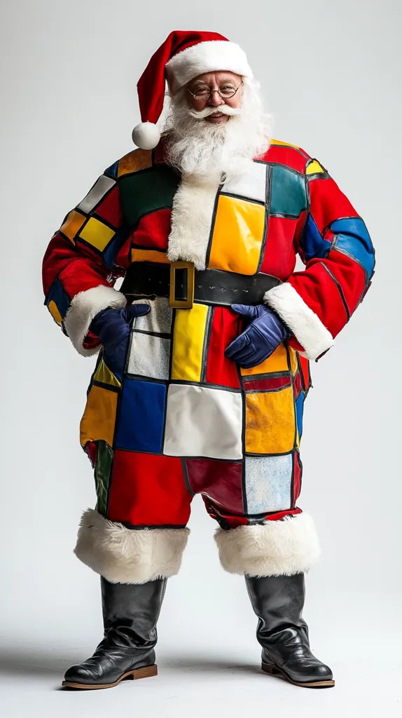 A jolly Santa Claus stands against a light gray background, sporting a unique, colorful outfit. His suit is a patchwork of vibrant squares in red, yellow, blue, green, and white, creating a bold, geometric pattern.  He wears a traditional Santa hat and has a full, white beard.  Black boots complete his unconventional yet festive attire, showcasing a playful twist on classic holiday imagery.  He smiles warmly, hands resting in his pockets.