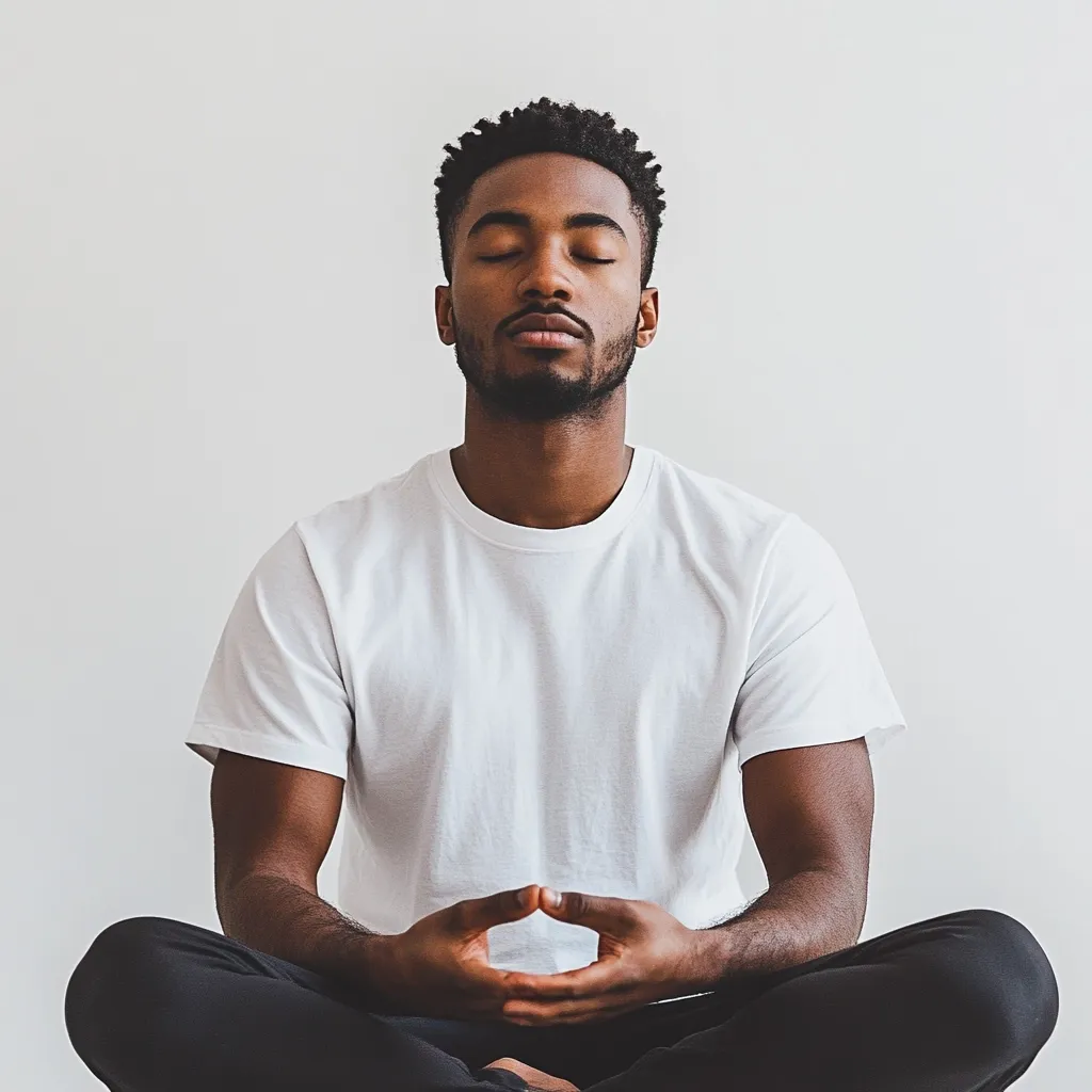 A young Black man sits cross-legged on the floor against a white wall, eyes closed in a meditative pose.  He's wearing a plain white t-shirt and dark pants. His hands rest in his lap, fingers gently touching in a gesture of peace and serenity. The overall image conveys calmness and mindfulness.