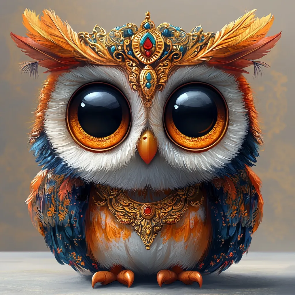 Here's a description of the image:

The image showcases a digitally painted owl, adorned in opulent jewelry.  The owl is predominantly orange and white, with accents of deep blue and teal feathers.  Its large, expressive eyes are a striking amber color.  A golden crown, encrusted with rubies and turquoise, rests atop its head.  A matching ornate golden necklace with a central ruby adorns its chest. The style is whimsical and fantastical, suggesting a regal or magical creature. The background is a muted neutral tone, allowing the vibrant owl to be the focal point.