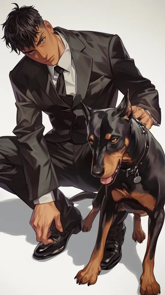 Here's a description of the image:

The illustration showcases a stylish young man with dark hair and tan skin, dressed in a sharp black suit and black dress shoes. He's crouched down, adjusting his shoe while interacting with a Doberman Pinscher.  The dog, predominantly black with tan accents, is positioned beside him, seemingly calm and attentive. The man's expression is serious yet gentle, creating a sense of quiet companionship between him and his canine companion. The artwork's style is realistic yet stylized, with a focus on detailed shading and texture in both the man's clothing and the dog's fur. The background is a simple, light-grey wash, emphasizing the figures in the foreground.