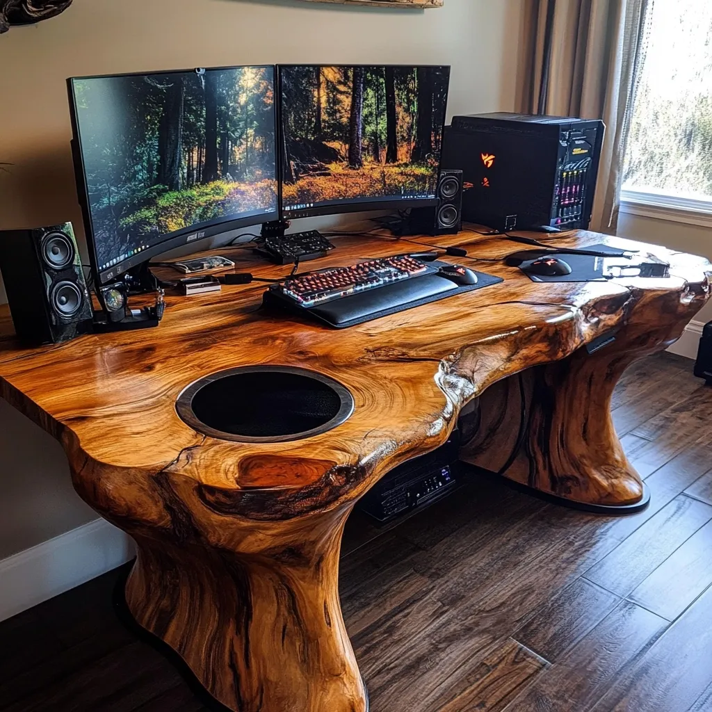 A stunning, live-edge wood desk serves as a gaming setup.  Two curved monitors display serene forest scenes, flanked by computer speakers. A mechanical keyboard and mouse rest on a dark mat.  A black computer tower sits neatly to the right.  The desk's unique, organic shape and polished wood finish create a striking contrast to the sleek technology.  Two circular cutouts add a functional, modern element to the rustic design. The desk sits on a dark hardwood floor, completing the image.