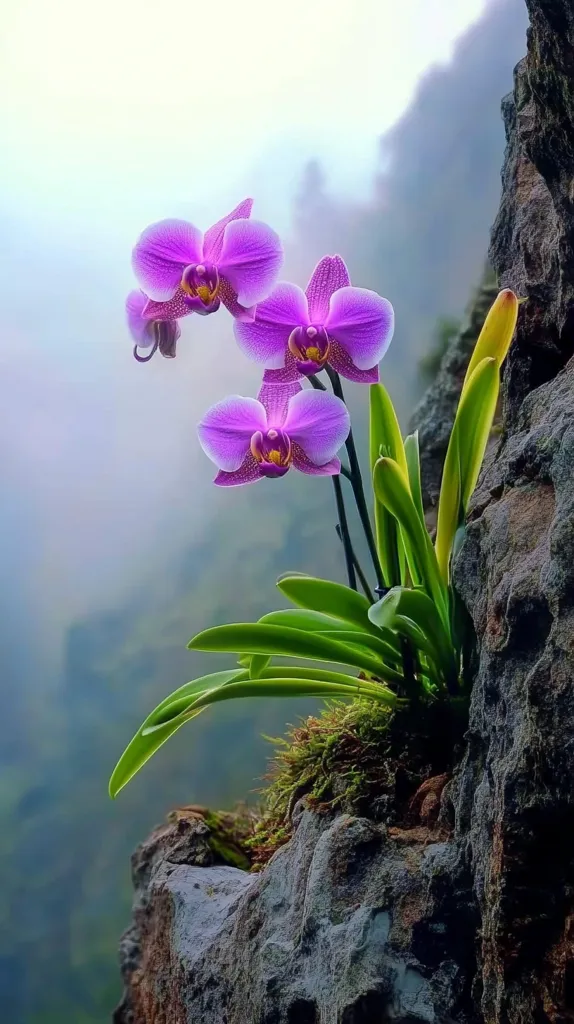 Here's a description of the image:

Three vibrant purple orchids bloom from a moss-covered rock nestled in a misty mountain landscape. The orchids, with their intricate details and delicate petals, are the focal point, contrasting beautifully with the muted greens and grays of their surroundings.  The soft, ethereal quality of the mist adds to the image's peaceful and serene atmosphere. The rock provides a rugged, textured base, highlighting the orchids' resilience and beauty.  The scene evokes a sense of tranquility and the beauty of nature in a remote, breathtaking setting.