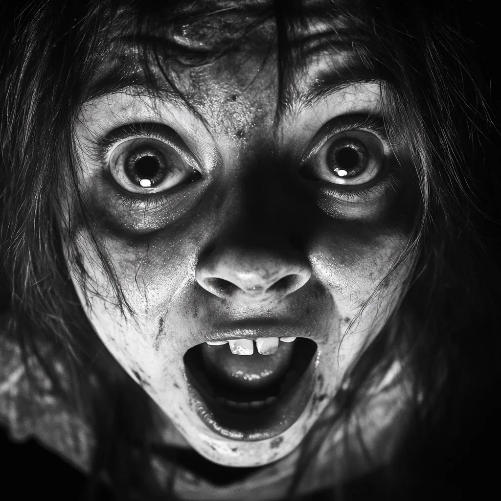 Here's a description of the image:

The black and white close-up photograph depicts a young girl's face, seemingly contorted in terror. Her wide, expressive eyes are prominent, reflecting a state of intense fear or distress. Her mouth is open in a silent scream, revealing teeth.  Her face is marked with what appears to be dirt or grime, adding to the overall unsettling and eerie effect. The dark background contrasts sharply with the stark features of her face. The image is highly stylized and evokes a sense of horror or unease.