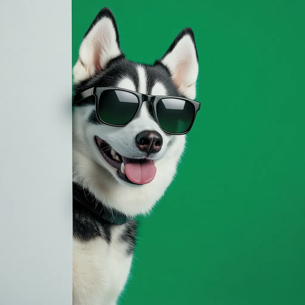 Here's a description of the image:

A Siberian Husky dog, wearing black sunglasses, peeks from behind a white surface against a vibrant green background.  The dog's tongue is playfully sticking out, and it has a cheerful expression.  The image is well-lit, creating a clear and bright portrayal of the dog's features. The contrast between the dog's fur, sunglasses, and the background makes it visually appealing. The overall mood is playful and fun.