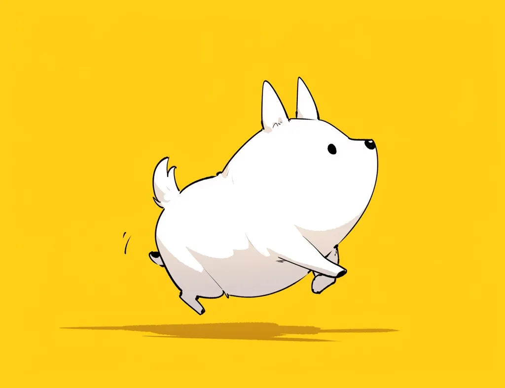 A stylized illustration depicts a chubby, white dog mid-leap against a vibrant yellow background.  The dog is drawn with simple, clean lines, emphasizing its round body and short legs. Its expression is cheerful and uncomplicated. The overall style is minimalist and cartoonish, conveying a sense of playful energy.  The shadow cast beneath suggests movement and lightness.