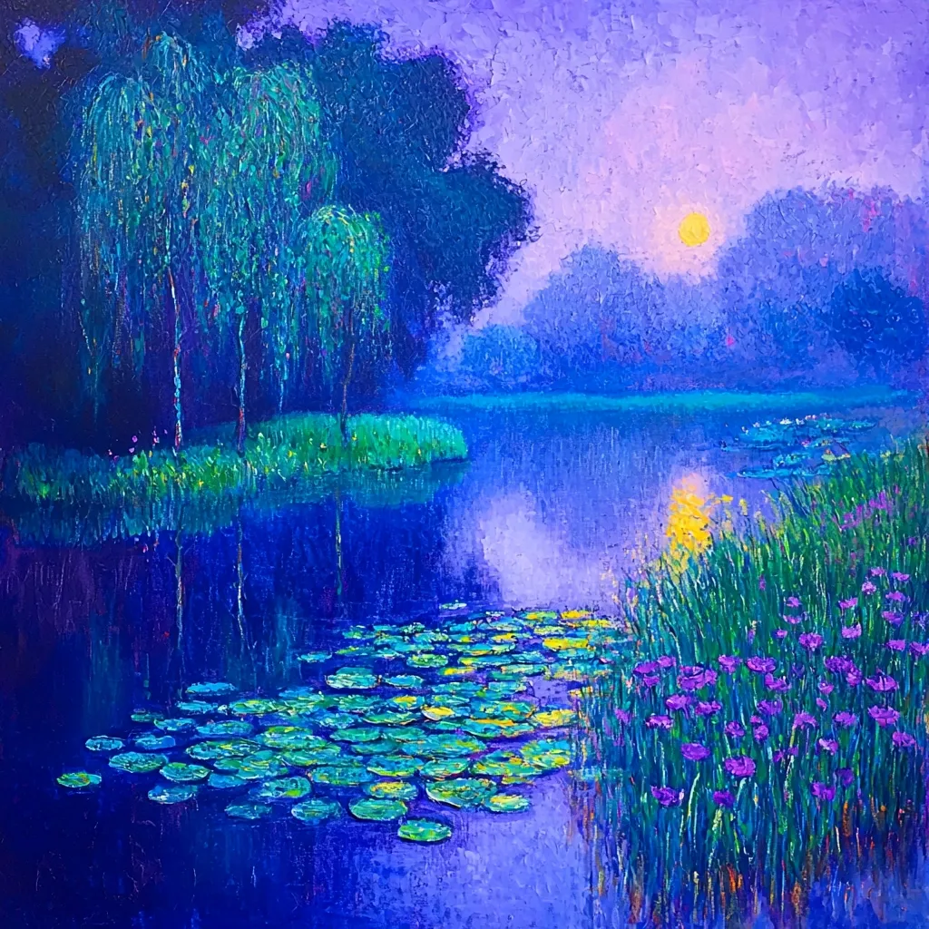 Here is a description of the image:

The painting depicts a serene twilight scene on a calm lake.  Three willow trees stand on a small island to the left, their weeping branches a vibrant teal against the darkening purple sky.  The water is a deep blue, reflecting the colors of the sky and the surrounding landscape.  Lily pads, rendered in bright greens and yellows, dot the surface of the lake near the right edge.  Purple wildflowers grow along the shore, adding a splash of color to the tranquil scene. A pale yellow sun is visible near the horizon, casting a soft glow on the water. The overall style is impasto, with visible brushstrokes adding texture and depth. The palette is predominantly cool, with purples, blues, and greens creating a calming and ethereal atmosphere.