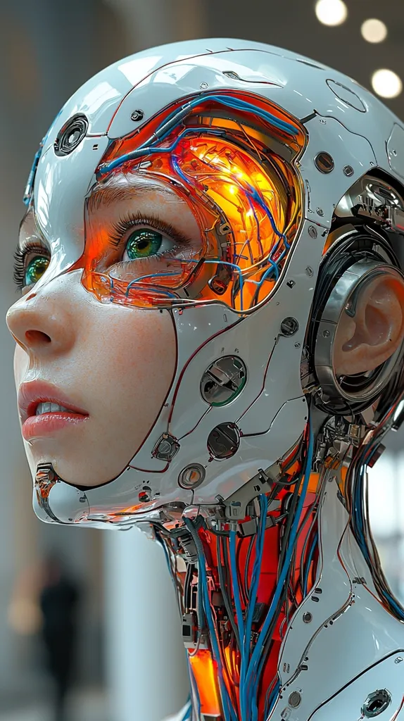 Here's a description of the image:

The image is a close-up of a digital rendering of a female cyborg's head and neck.  Her face is strikingly realistic, with visible green eyes and soft features, yet her head is transparent, revealing a complex internal structure of wires, circuitry, and glowing orange components. The mechanical parts are intricately detailed, showcasing a blend of metallic and translucent materials.  The overall aesthetic is futuristic and biomechanical, suggesting a seamless integration of technology and human biology. The background is blurred, indicating a shallow depth of field that focuses attention on the cyborg.