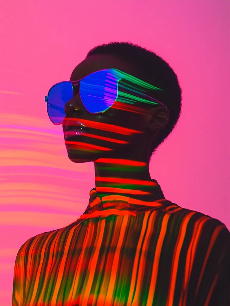 Here's a description of the image:

The photograph is a stylized portrait of a young, dark-skinned person with short hair, wearing vibrant blue sunglasses.  They are positioned against a bright pink background, and their body is partially overlaid with a projection of multicolored, horizontal stripes in shades of red, orange, and green. The stripes create a dynamic, almost kinetic energy, contrasting with the still pose of the subject. The overall effect is a bold, modern, and slightly surreal image blending fashion and visual art.  The lighting is dramatic, highlighting the interplay of light and shadow.