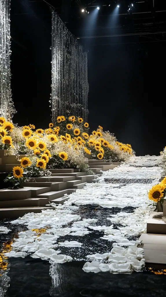 A stunning floral arrangement featuring vibrant sunflowers and delicate white baby's breath cascades down a series of stepped platforms.  The flowers are artfully arranged against a backdrop of shimmering, translucent strands that evoke a waterfall.  White petals float on a dark, reflective pool at the base, creating a dramatic and serene scene, beautifully lit by stage spotlights in a dark setting. The overall effect is one of elegant, modern artistry.