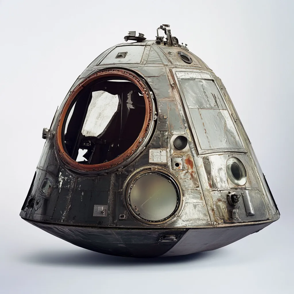 Here's a description of the image:

The photograph shows a weathered, gray spacecraft command module, possibly from the Apollo program or a similar era.  The exterior displays significant wear and tear, with patches of rust and discoloration evident on its metallic surface. Several portholes are visible, some intact and others showing damage or missing components.  The main hatch is partially open, revealing the interior's skeletal structure. The overall impression is one of age and the rigors of space travel. The background is a neutral, light gray, isolating the spacecraft and emphasizing its aged condition.