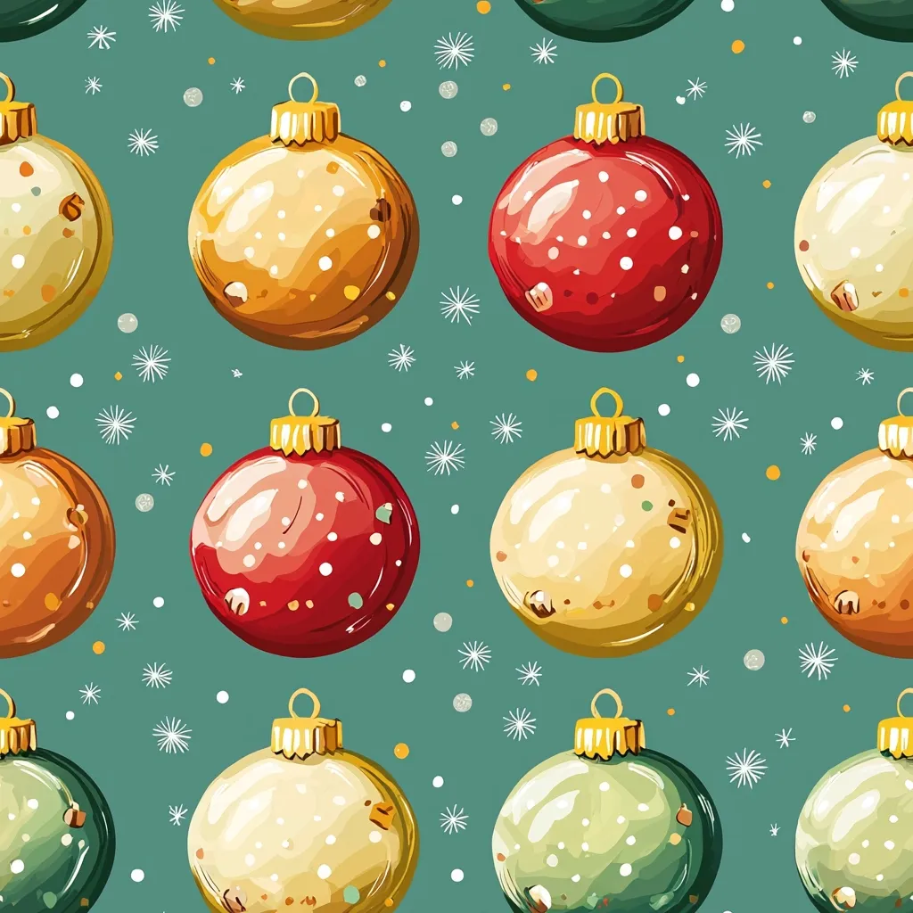 A festive seamless pattern showcases an array of Christmas ornaments against a teal backdrop.  The ornaments are depicted in red, yellow, and green, each adorned with white speckles, creating a slightly textured appearance.  Small white snowflakes and gold dots are scattered across the background, enhancing the winter wonderland theme. The style is hand-drawn, giving the image a charming, slightly rustic feel.  The overall impression is one of cheerful holiday spirit.