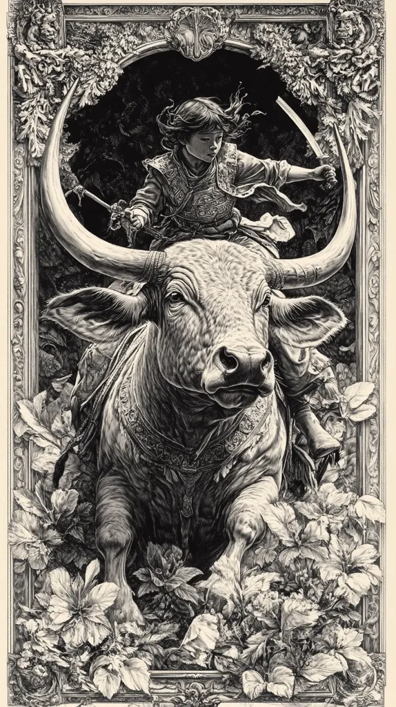 Here's a description of the image:

A monochrome illustration, possibly a pen-and-ink drawing, depicts a young person, seemingly Asian, astride a large, light-colored ox or bull. The rider, wearing traditional-style clothing, holds a sword.  The scene is framed by an ornate, baroque-style border overflowing with lush foliage, creating a contrast between the dynamic central figures and the static, decorative frame.  The style is highly detailed, with careful shading and line work, giving the image a sense of depth and texture. The overall mood is one of adventurous action, set within a dramatic, natural setting.