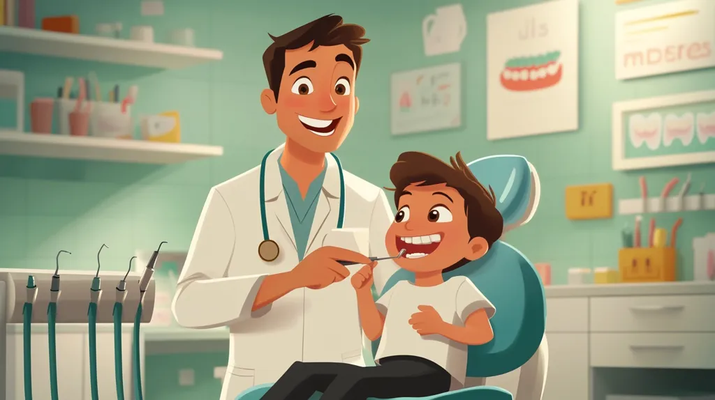 A cheerful cartoon dentist examines a young boy's teeth in a brightly lit dental office. The dentist, wearing a white coat, holds a dental tool near the boy's open mouth.  The boy sits in a teal dental chair, appearing relaxed and comfortable. The office is clean and colorful, with dental-themed artwork on the walls and instruments neatly organized.  The overall scene is friendly and reassuring, suggesting a positive dental experience.