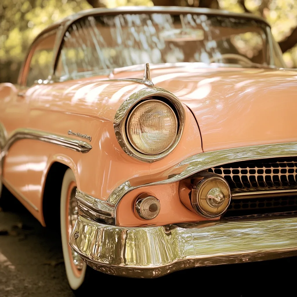 Here's a description of the image:

Close-up view of the front end of a vintage, light pink car. The car's chrome accents gleam, reflecting light.  The headlight is prominent, and the bumper shows intricate detailing. The car's paint is smooth, with subtle shadows suggesting sunlight dappling the surface.  The background is softly blurred, showing hints of green foliage, suggesting an outdoor setting. The overall impression is one of classic elegance and nostalgia.