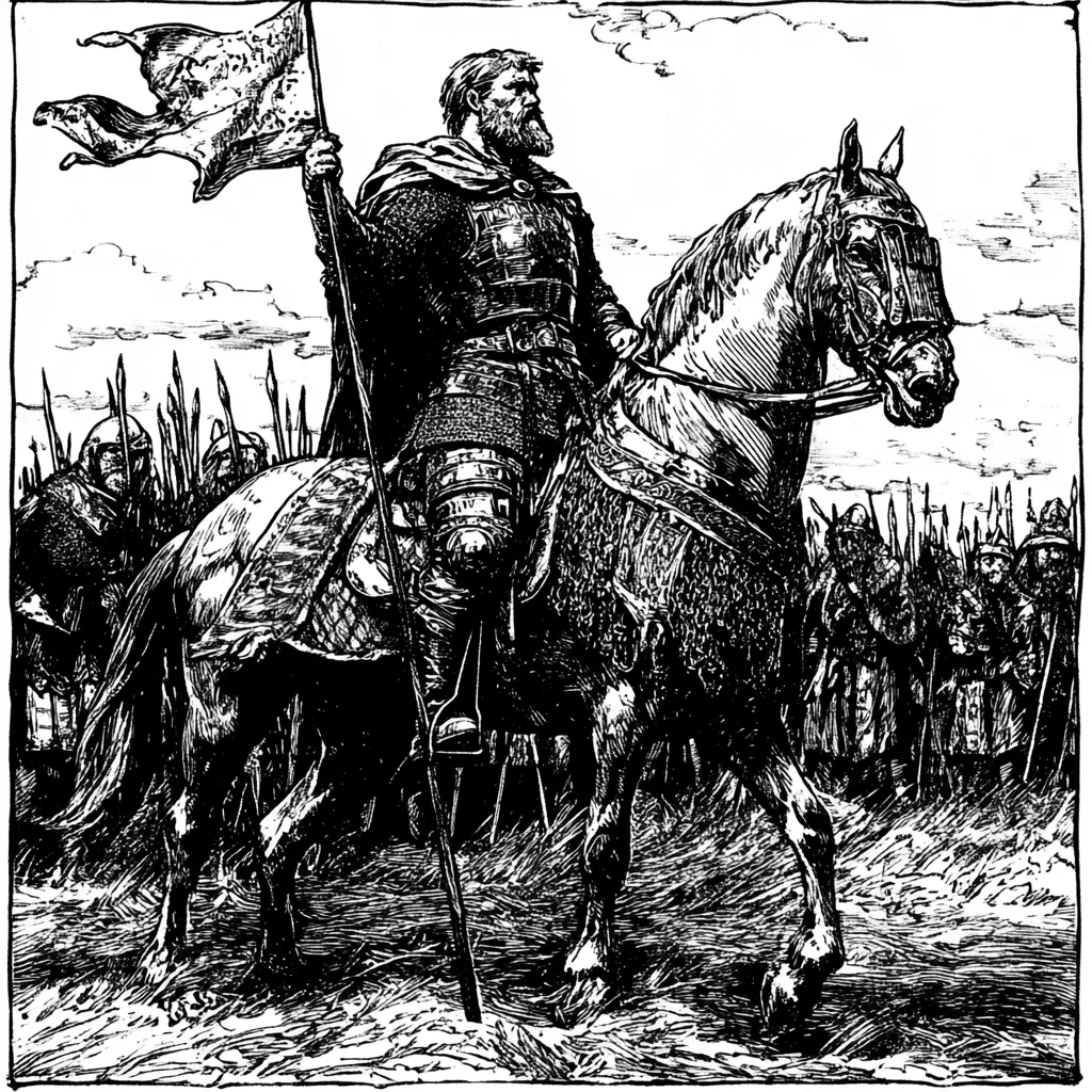 A black and white illustration depicts a medieval warrior king astride a horse, holding a tattered banner aloft. He's clad in chainmail armor and a long cloak, his beard full.  Behind him stands a sizable army of foot soldiers, armed with spears, suggesting a scene of military leadership or a moment before battle. The style is reminiscent of vintage book illustrations, possibly from a historical narrative. The image is detailed, with visible texture in the clothing, horse's mane, and the grassy ground.
