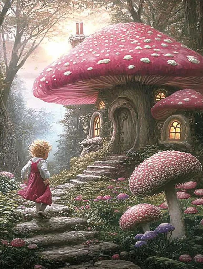 A whimsical illustration depicts a young girl approaching a charming mushroom house nestled in a fairytale forest. The large, pink mushroom cap forms the house's roof, with smaller mushrooms scattered around.  The scene is bathed in a soft, ethereal light, creating a magical atmosphere.  The girl, in a red dress, walks a stone path towards the house's inviting doorway.  The overall effect is enchanting and dreamlike.