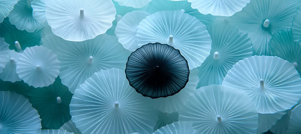 Here's a description of the image:

The image shows a collection of translucent, light-blue, umbrella-shaped objects, closely clustered together.  They appear to be made of glass or a similar material, with delicate, radiating ribs forming their structure. A single, darker, almost black umbrella of similar design is centrally positioned amongst the lighter blue ones, creating a striking contrast. The background is a muted teal, providing a serene backdrop that emphasizes the umbrellas' textures and colors. The overall effect is one of elegance, calmness, and subtle visual intrigue.