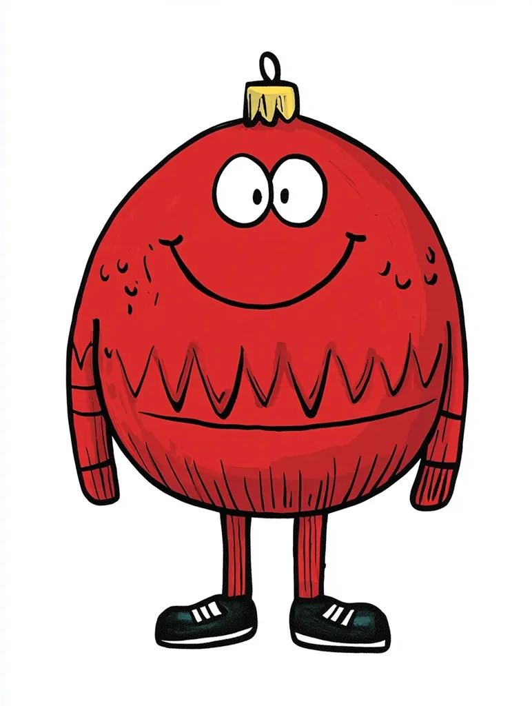 A cheerful cartoon character resembling a large, red Christmas ornament is depicted.  It has a wide, smiling mouth, large expressive eyes, and small arms and legs clad in red knitted sleeves and striped socks, ending in black sneakers. The ornament's body features a textured, knitted appearance with a zigzag pattern near the bottom.  A small, gold-colored ornament cap sits atop its head. The overall style is whimsical and playful.