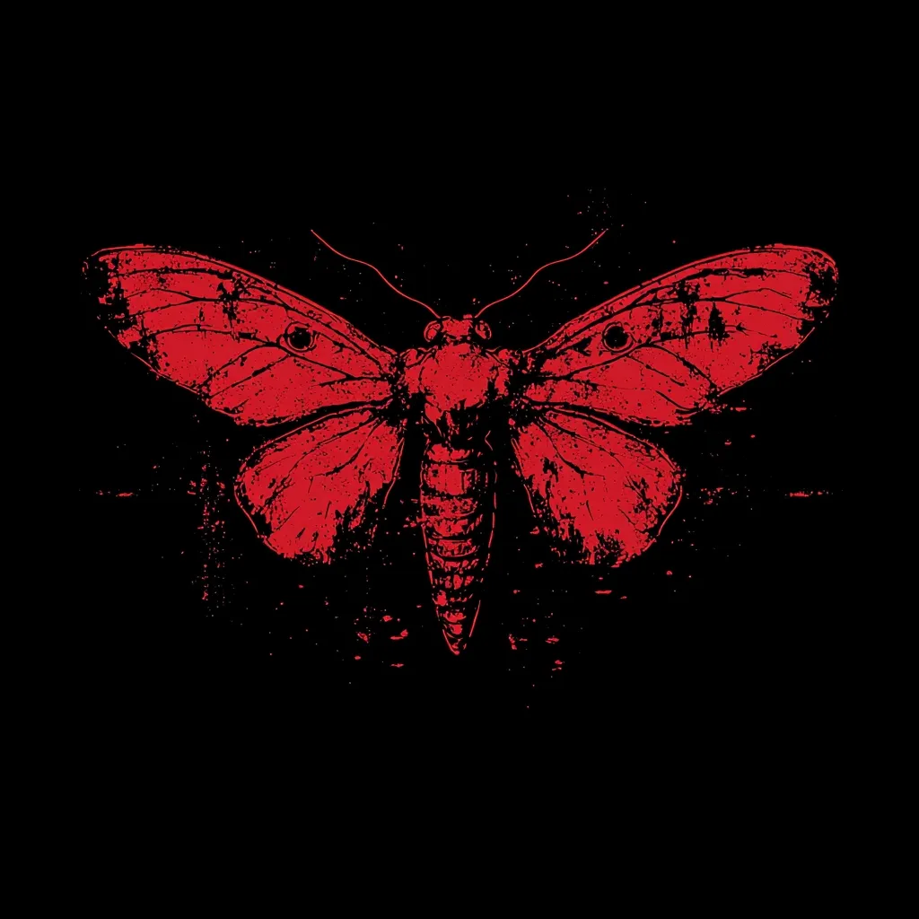 Here is a description of the image:

The image is a stylized illustration of a large moth, rendered in red against a black background. The moth is depicted in a detailed, almost grunge-like style, with textured markings suggesting a woodcut or print.  Its wings are spread wide, showing intricate venation and markings. The body is long and slender, extending from the thorax to a pointed abdomen. The overall aesthetic is dark, dramatic, and slightly ominous. The background features a textured black that subtly adds to the gritty feel of the artwork.