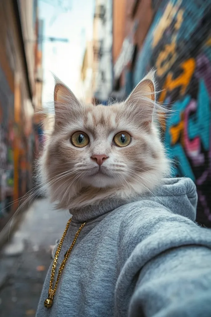 Here's a description of the image:

A fluffy, light beige cat, appearing to be a longhair breed, is the focal point of a close-up selfie.  The cat's head and upper body are visible, its large, expressive eyes staring directly at the camera.  It's wearing a grey hoodie, and a gold chain necklace is visible around its neck. The background is a blurred out city alleyway with graffiti-covered walls, suggesting an urban setting. The overall mood is playful and slightly quirky.