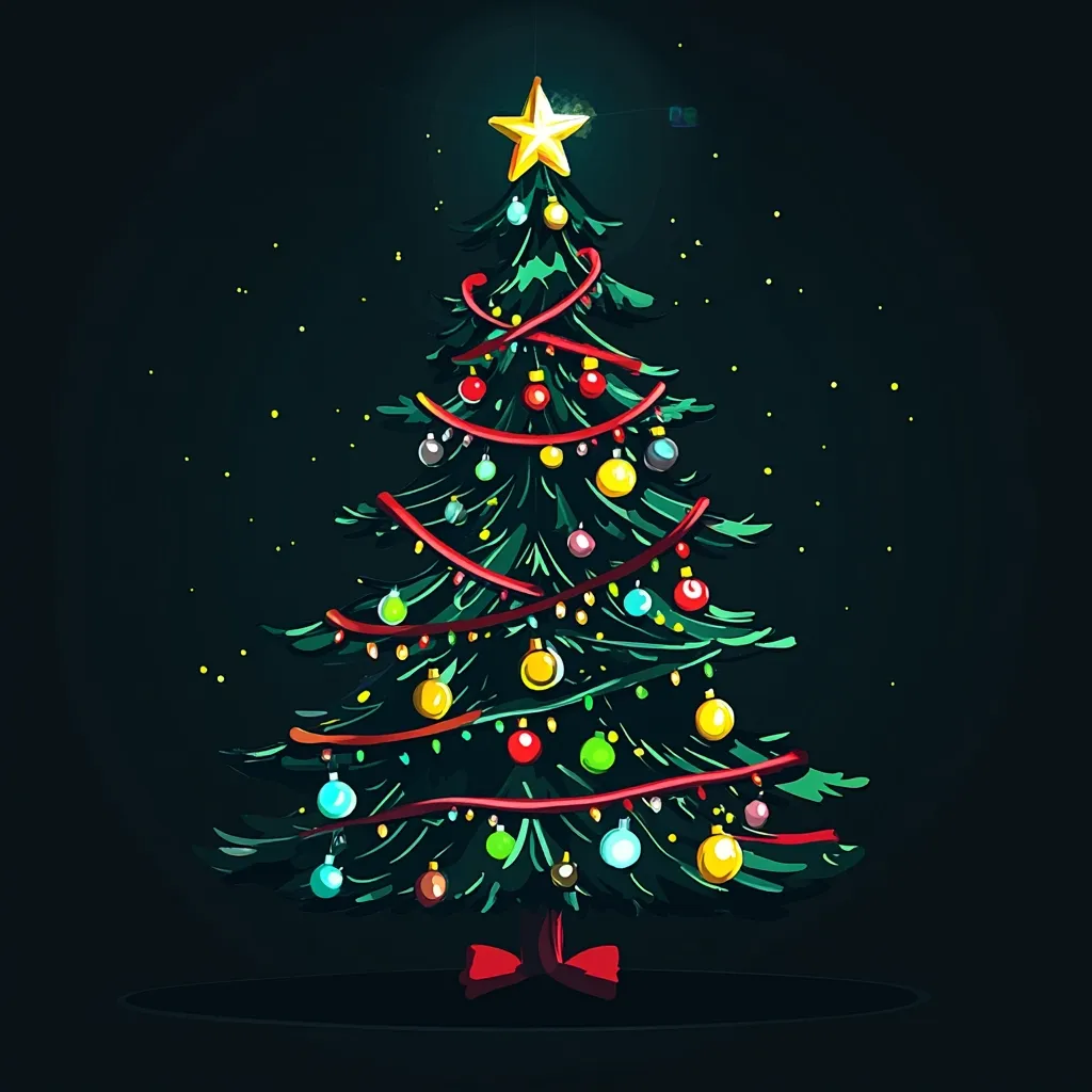 Here's a description of the image:

The illustration showcases a vibrantly decorated Christmas tree against a stark black backdrop.  The tree is adorned with colorful ornaments in shades of red, green, yellow, and blue, interspersed with small, twinkling lights.  Red ribbons are artfully wrapped around the tree, adding to its festive charm.  A golden star sits atop the tree, and a red bow graces its base.  The style is illustrative, with a slightly cartoonish feel, creating a whimsical and celebratory mood.  A soft light seems to illuminate the tree, making it stand out against the dark background.