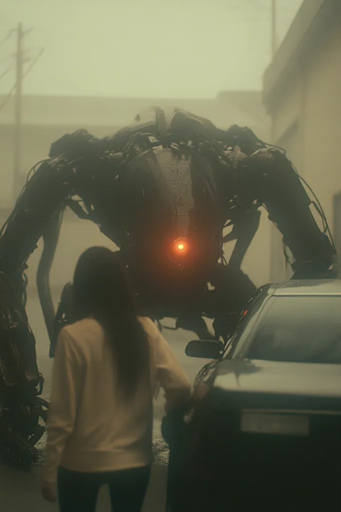 A large, dark, mechanical creature, possibly a robot, stands in a rain-swept alleyway.  Its single red eye glows ominously. A young woman, her back to the viewer, stands before it, seemingly apprehensive, near a parked car. The atmosphere is foggy and tense, creating a dystopian or science fiction feel. The scene suggests a confrontation or an impending threat. The overall color palette is muted and desaturated, emphasizing the somber mood.