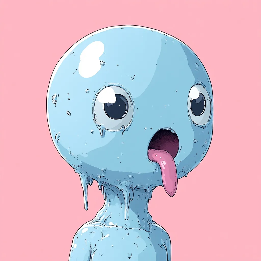 Here's a description of the image:

The illustration depicts a whimsical, cartoonish creature against a soft pink backdrop.  Its head is large and round, resembling a light blue, viscous substance, with large, expressive eyes and an open mouth displaying a pink tongue.  The body continues this gooey aesthetic, with drips and flows suggesting a melting or liquid texture. The overall style is clean and detailed line art with a pastel color palette, creating a slightly unsettling yet charming effect. The creature's expression is one of surprised curiosity.