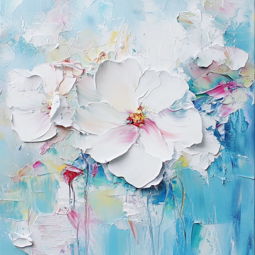 This painting is an impasto-style floral artwork.  Two prominent white flowers, possibly peonies or roses, dominate the foreground, rendered with thick, textured brushstrokes. Their petals are subtly shaded with hints of pink and rose at the centers.  The background is a vibrant, textured light blue with splashes of yellow, pink, and white, creating a feeling of airy movement and depth. The overall effect is one of romantic, dreamy beauty.
