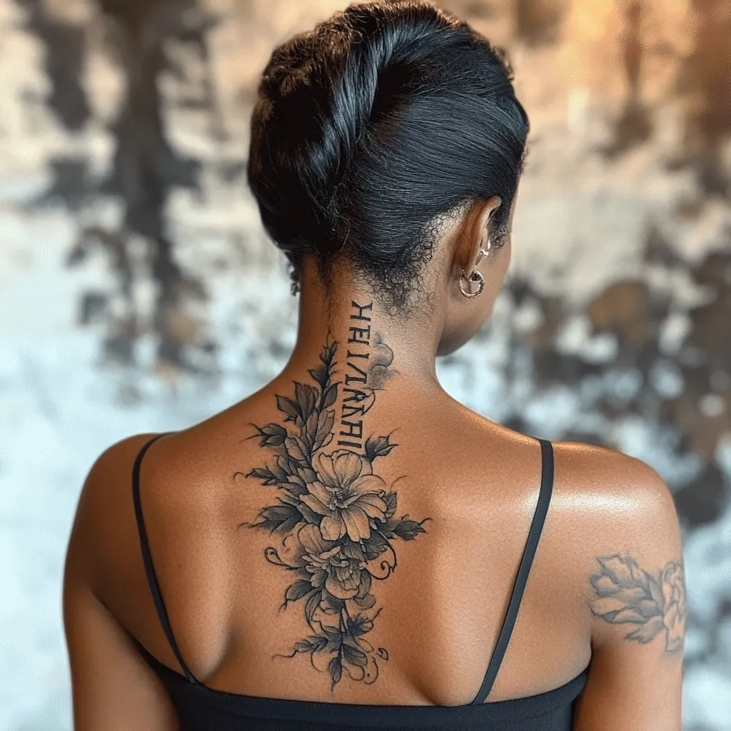 Here's a description of the image:

The photo shows a Black woman from behind, her back adorned with an elegant tattoo.  The design features a vertical arrangement of Roman numerals "MMXVII" (2017) alongside a delicate, grayscale floral motif. The flowers, rendered in a realistic style, flow down her spine, creating a visually striking contrast against her skin.  Her hair is styled in a neat bun, and she wears a simple black camisole. A small additional tattoo is partially visible on her right shoulder. The overall impression is one of understated beauty and personal expression.