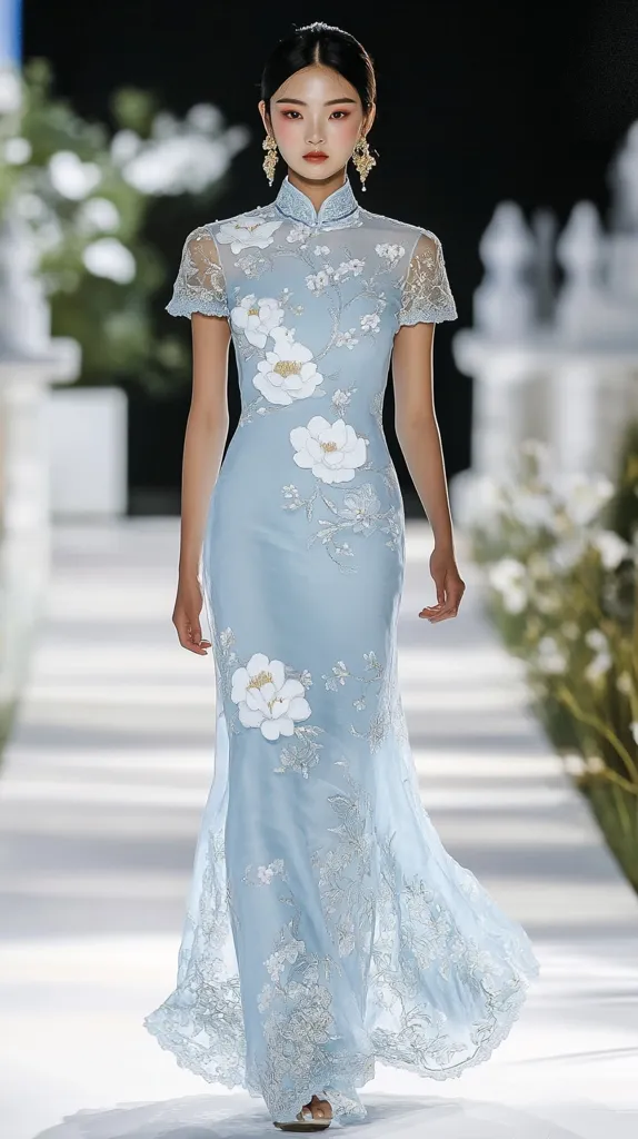 A model gracefully walks a runway, showcasing a stunning light blue qipao-style gown.  The floor-length dress features delicate, embroidered floral patterns, primarily large white blossoms, against the pastel fabric.  The high neckline and short sleeves are characteristic of the traditional Chinese garment, updated with a modern, flowing silhouette and intricate lace detailing.  The model's elegant poise completes the refined and ethereal look.
