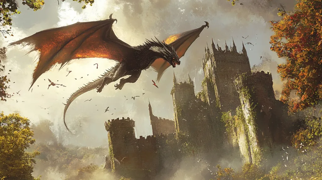 Here's a description of the image:

A majestic, dark-scaled dragon with fiery orange wings soars above a mist-shrouded, overgrown castle.  The dragon is in sharp focus, its powerful form contrasted by the softer, more atmospheric rendering of the castle and surrounding autumnal forest.  Birds flit amongst the trees and in the sky, adding to the mystical atmosphere. The scene evokes a sense of fantasy and epic adventure, hinting at a tale of dragons and ancient strongholds. The overall palette is muted, with earth tones and smoky grays dominating, except for the dragon's vibrant wings.