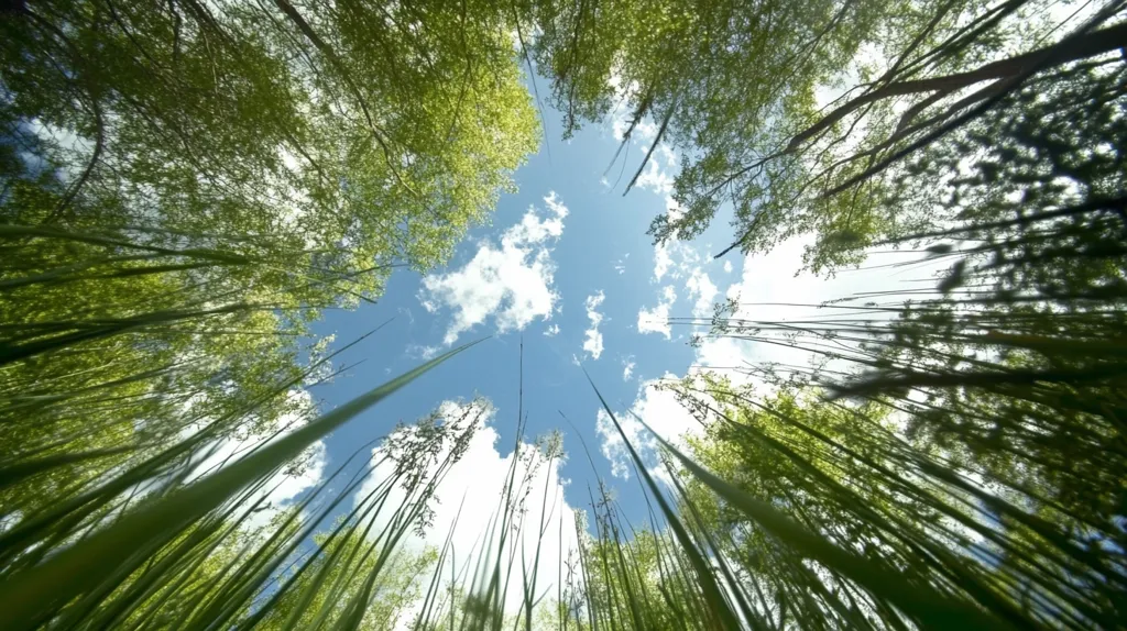 Here's a description of the image:

The photograph is a low-angle, upward-looking shot of a vibrant green forest canopy against a partly cloudy blue sky. Tall, slender trees and grasses dominate the foreground, their lines converging towards the center, creating a sense of depth and height.  The sky fills the upper portion of the image, showcasing fluffy white clouds scattered across the azure expanse. The overall impression is one of natural beauty, serenity, and the upward reach of life. The image's perspective makes the viewer feel small and immersed within the lush greenery.