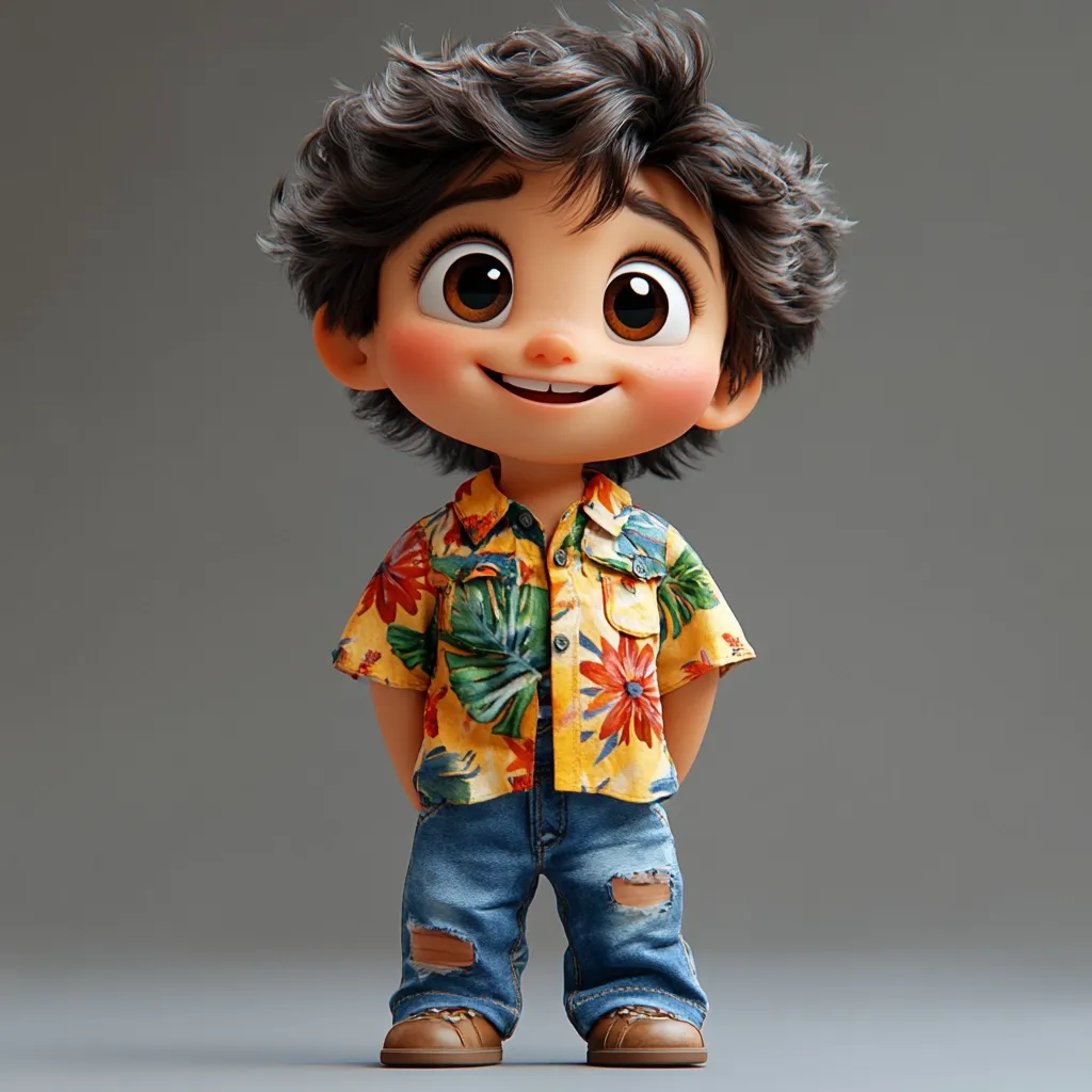 Here's a description of the image:

The image shows a charming, stylized 3D-rendered cartoon boy. He possesses large, expressive eyes, a wide, joyful smile, and dark, slightly tousled hair.  He's dressed in a vibrant yellow Hawaiian shirt with a tropical floral pattern and distressed blue jeans, giving him a casual and cheerful appearance. His posture is relaxed, hands behind his back, and he appears friendly and approachable. The background is a simple, neutral gray, which enhances the focus on the character. The overall style is reminiscent of modern animated films.
