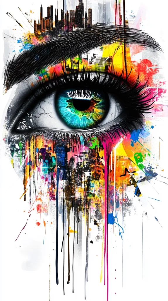 A vibrant, abstract artwork depicting a stylized eye.  The iris is a swirling turquoise and green, while the eyebrow is rendered in bold black strokes. Above the eye, a cityscape is subtly suggested.  Bright, colorful paint streaks drip downwards, creating a dynamic, emotional effect reminiscent of tears or paint splatters. The overall style is a blend of realism and expressive abstraction, with a focus on bold colors and textures.