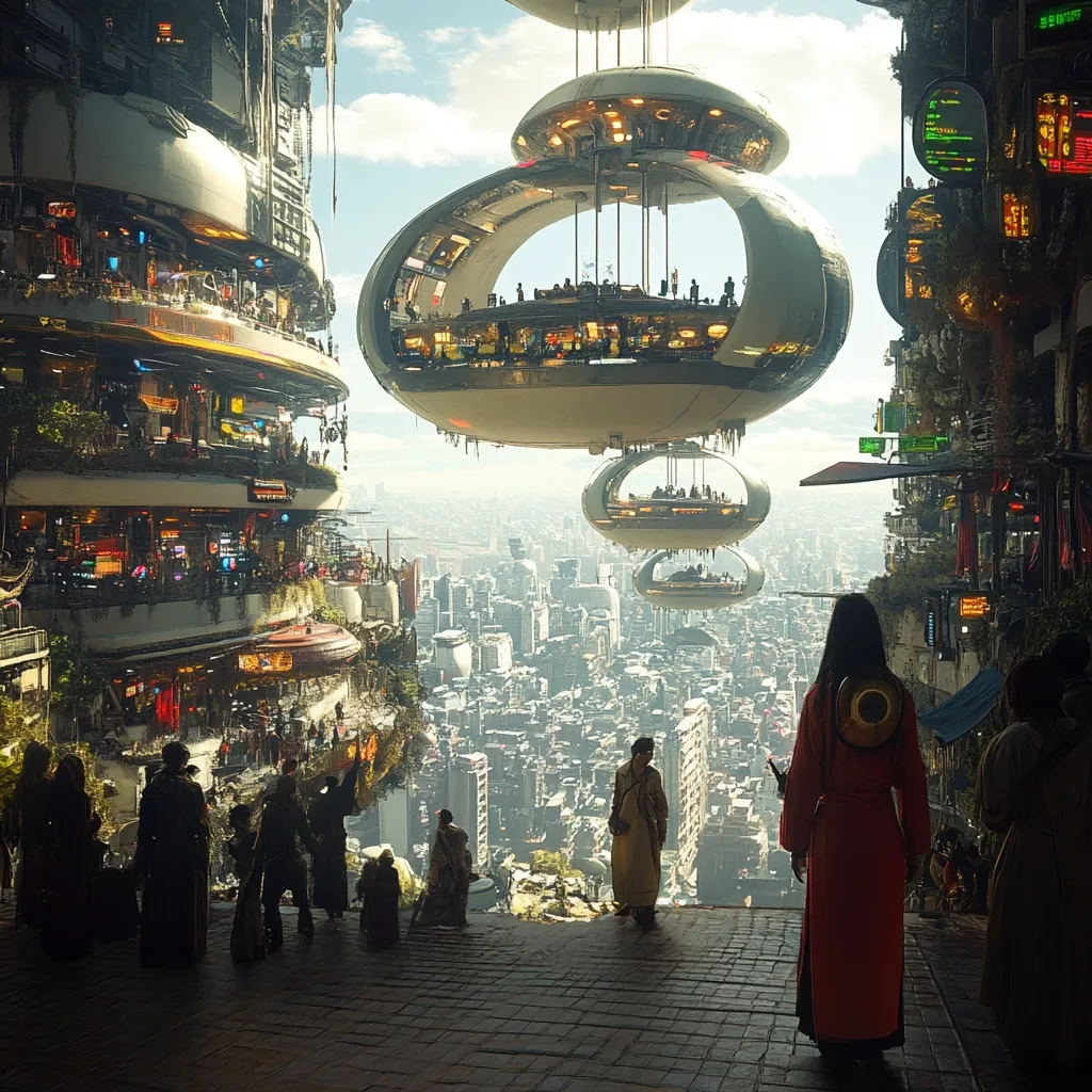 The image depicts a futuristic cityscape, where colossal, vertically stacked buildings intertwine with lush greenery.  Large, elegant airborne restaurants, filled with diners, hover above a sprawling city that extends into the hazy distance.  A group of figures, silhouetted against the light, stand at an overlook, observing the vast urban panorama.  A woman in a red robe dominates the foreground, her back to the viewer, adding a sense of mystery and contemplation to this bustling, otherworldly scene.  The overall style is reminiscent of science fiction artwork, blending technological advancement with natural elements.